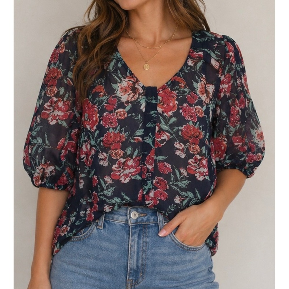Skies Are Blue Navy Floral Blouse‎ Womens XSP 3/4 Sleeve Chiffon Top